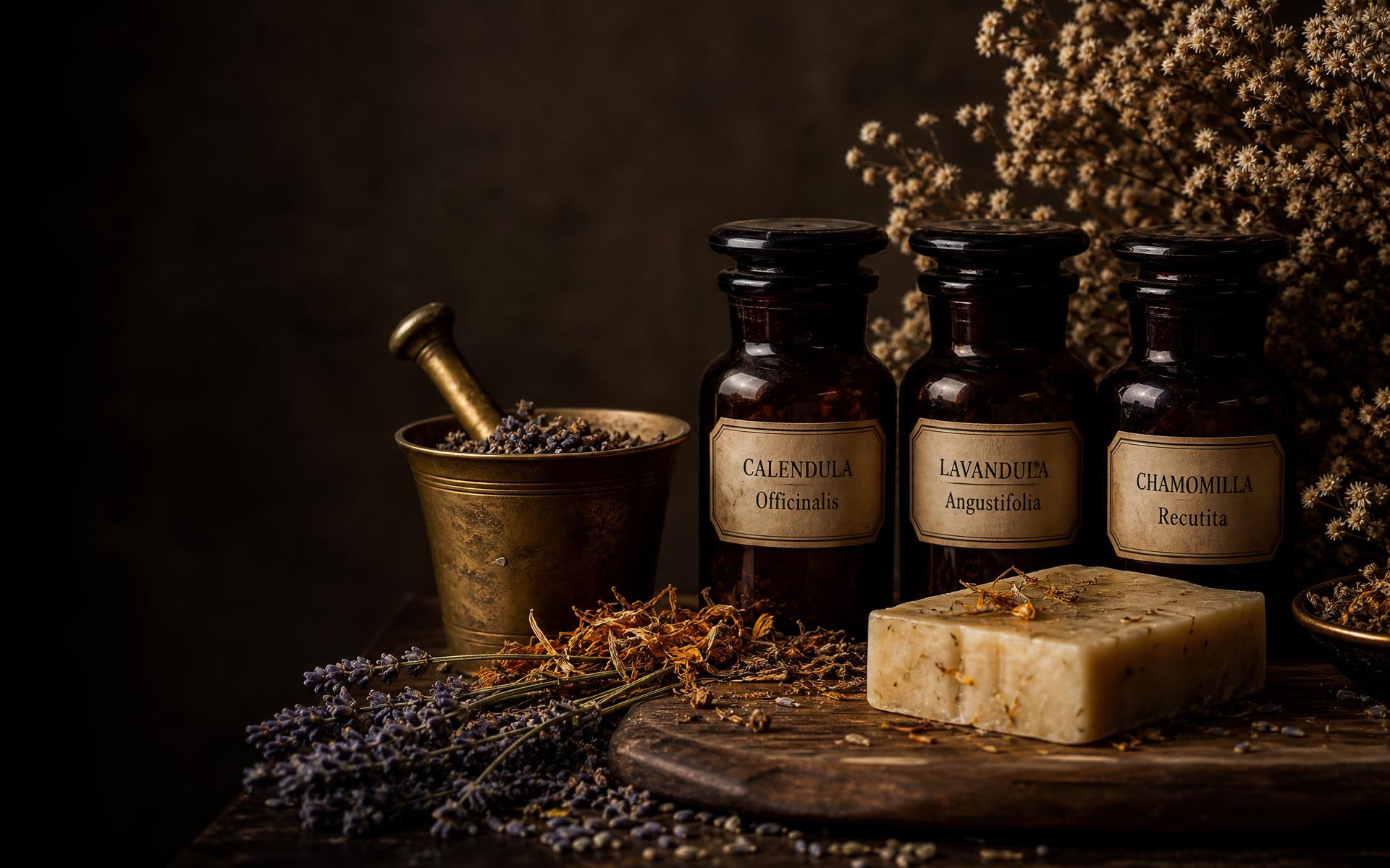 Apothecary table with amber herb jars, brass mortar and pestle, dried lavender and a bar of natural soap